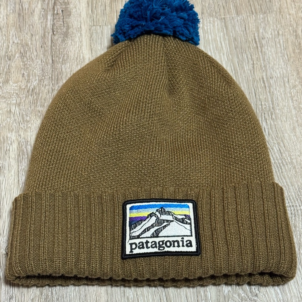 Patagonia Brown Knit Hat with Blue Pom